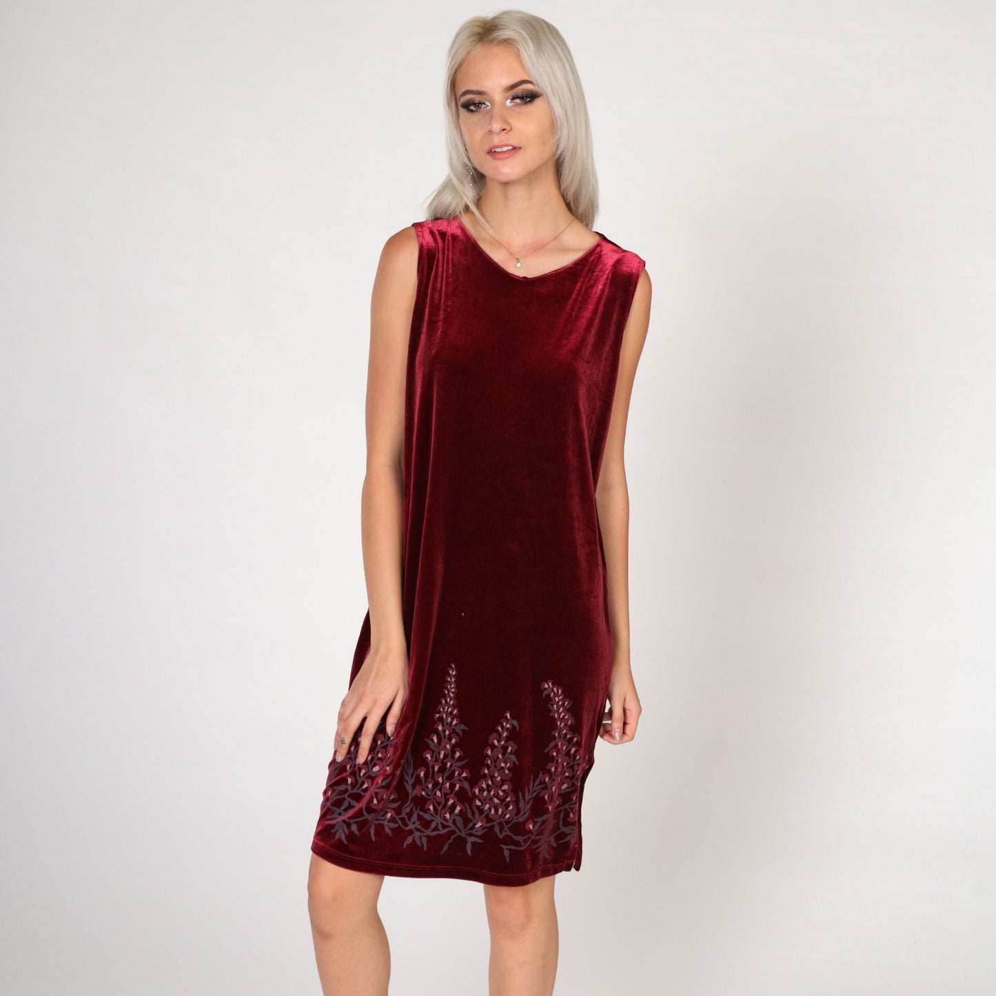 00s Red Velvet Floral Mini Dress Sleeveless Shift Small Medium