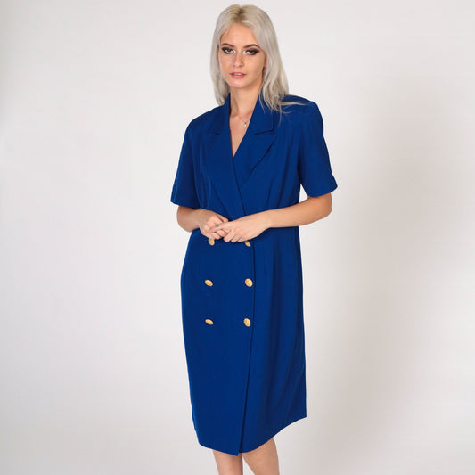 80s Royal Blue Double Breasted Button Up Midi Dress Gold Trim Medium 10