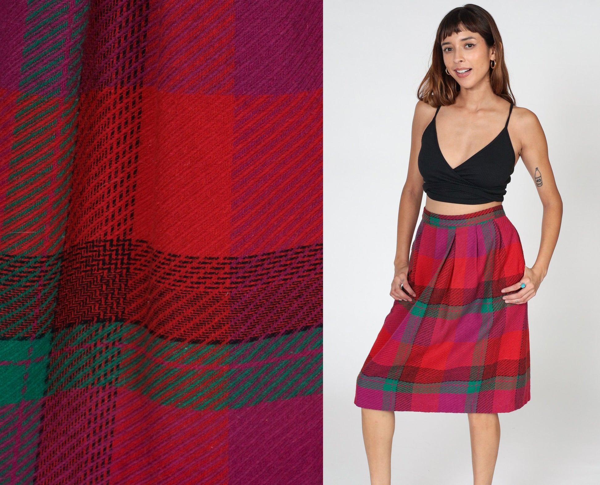 70s Red Plaid Midi Skirt High Waisted A-Line Pockets Small