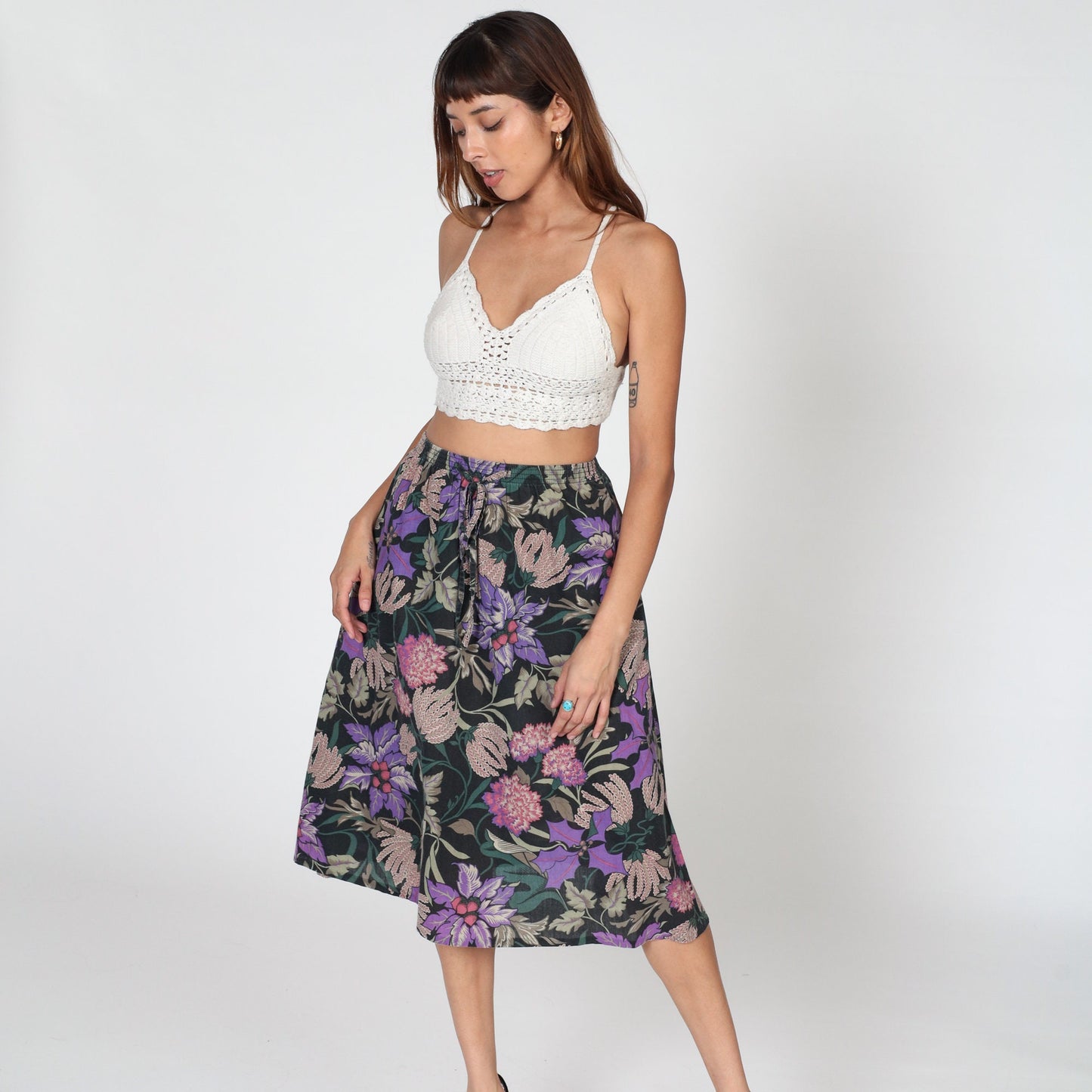 80s Black Floral Midi Skirt High Waist Purple Dahlia Print Small