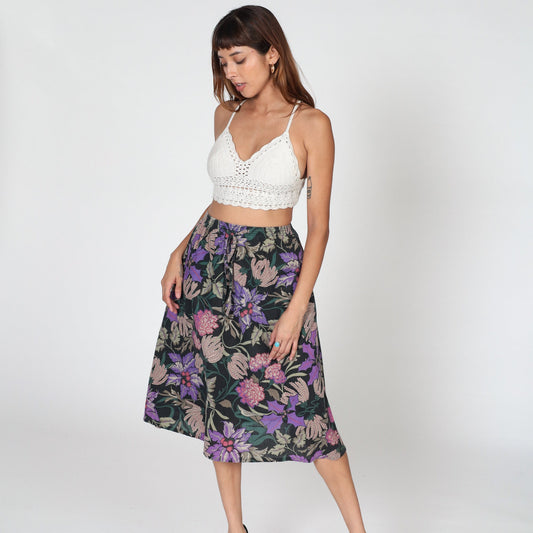 80s Black Floral Midi Skirt High Waist Purple Dahlia Print Small