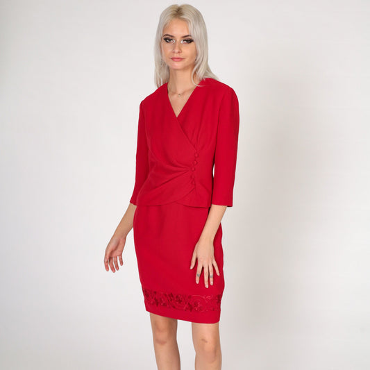 90s Donna Morgan Red Mini Dress Faux Wrap Button Up Floral Embroidered Extra Small