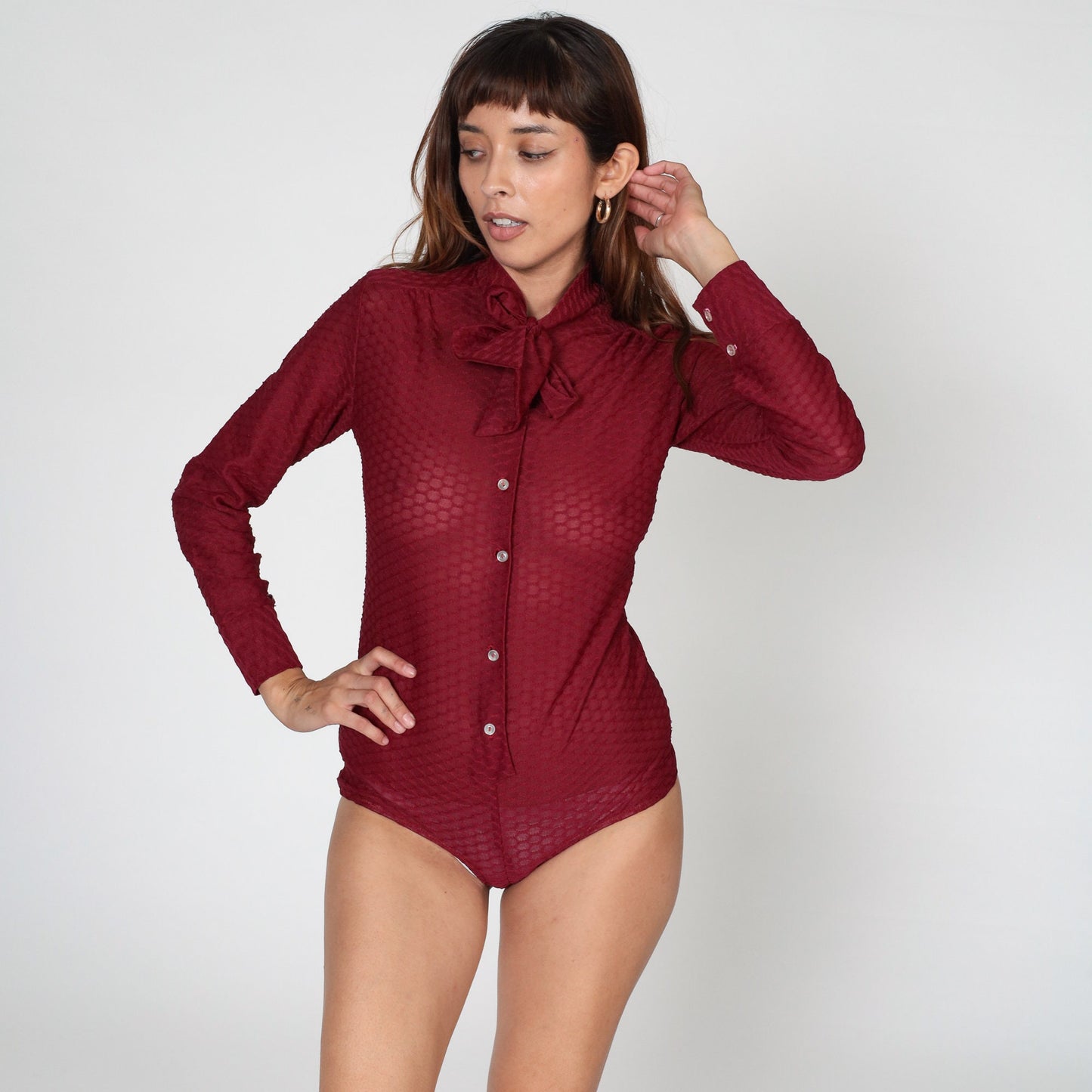 70s Red Sheer Bodysuit Blouse Tie Neck Long Sleeve Honeycomb Medium M