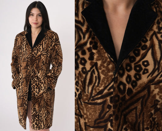 80s Leopard Tiger Print Faux Fur Coat Black Collar Small S