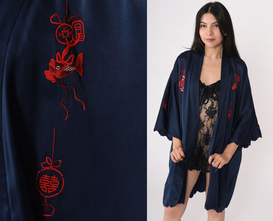 80s Navy Kimono Robe Embroidered Dragon Peacock Fish Jacket Small Medium