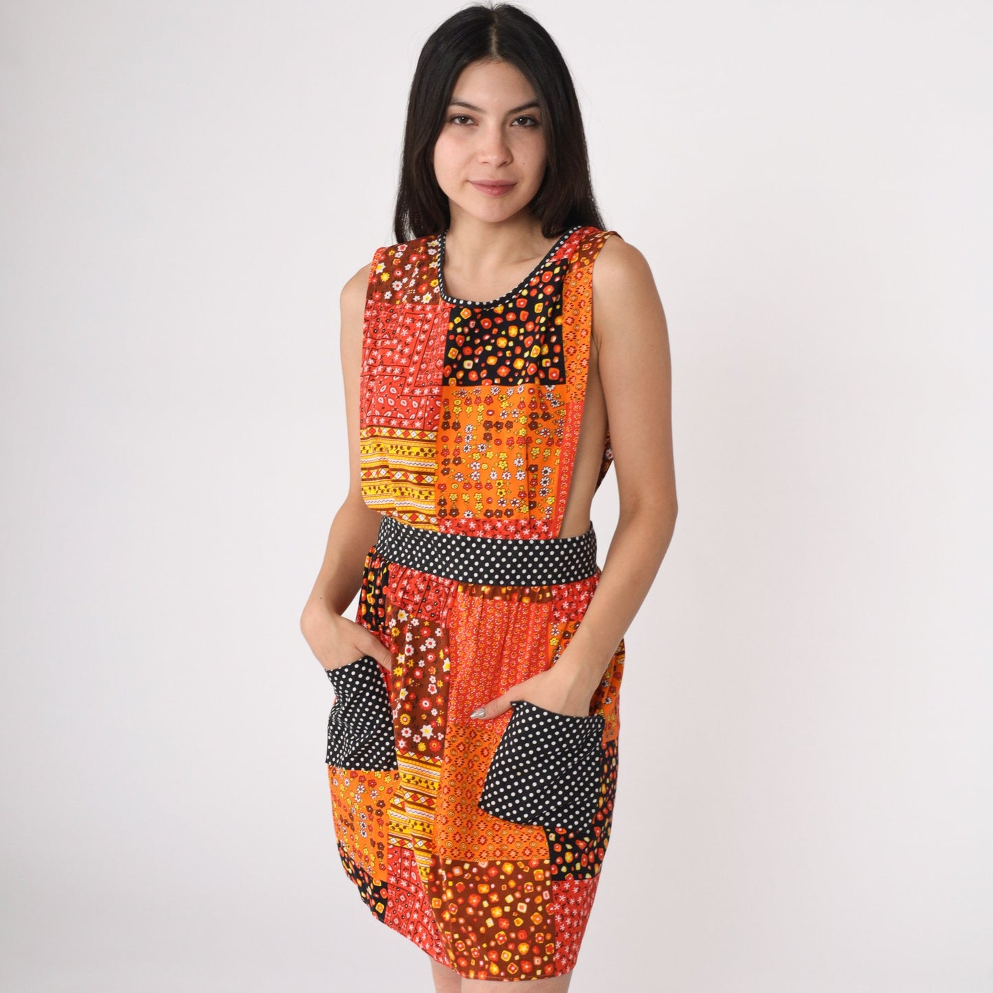 70s Patchwork Floral Apron Dress Orange Mini Sleeveless High Waist Small