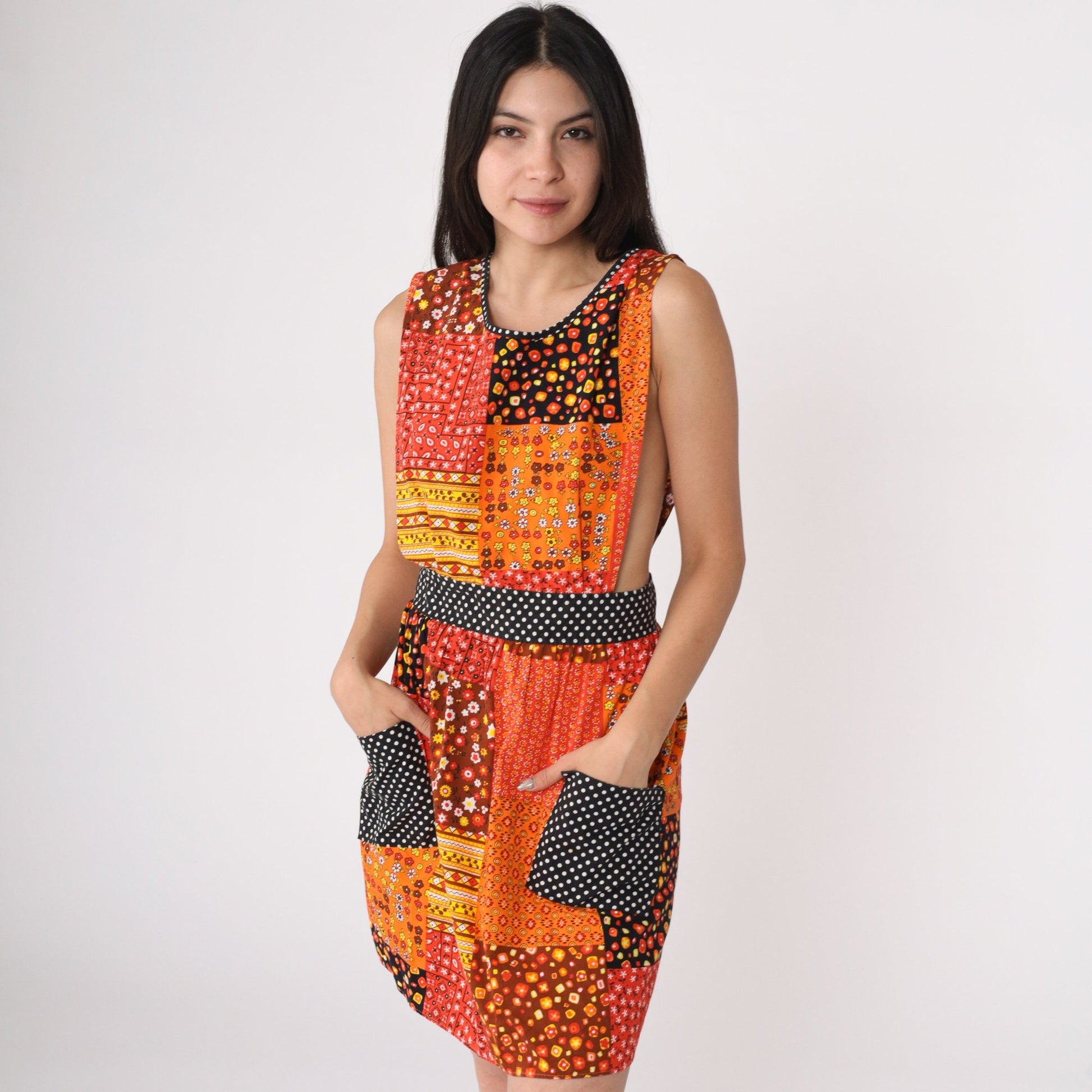 70s Patchwork Floral Apron Dress Orange Mini Sleeveless High Waist Small