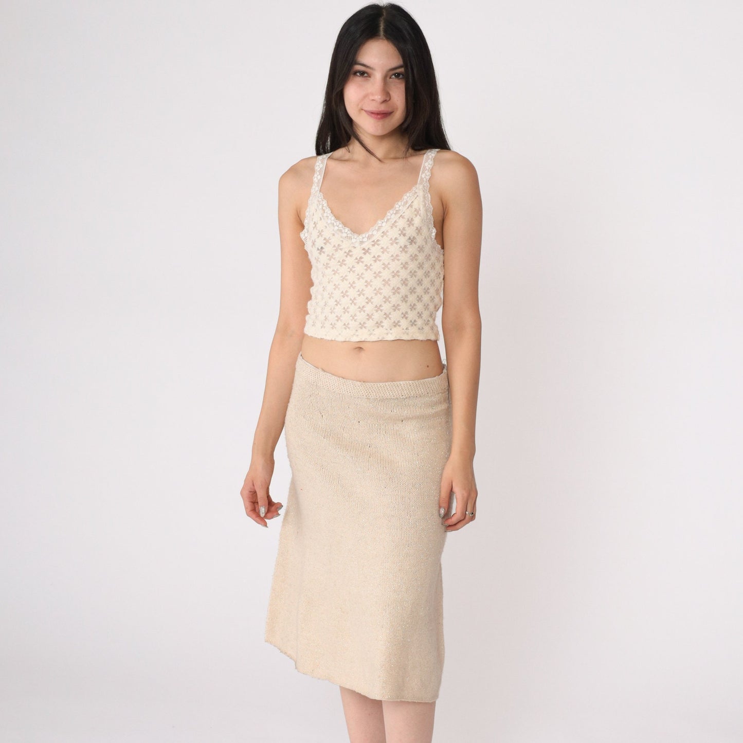 80s Beige Metallic Knit Pencil Skirt Silver Threads Elastic Waist Small Medium