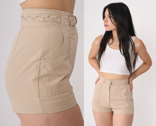 80s Beige Cargo Shorts High Waisted Braided Buckle XXS