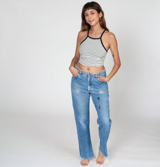 80s Lee High Waist Straight Leg Jeans Distressed Blue Denim Men's 33