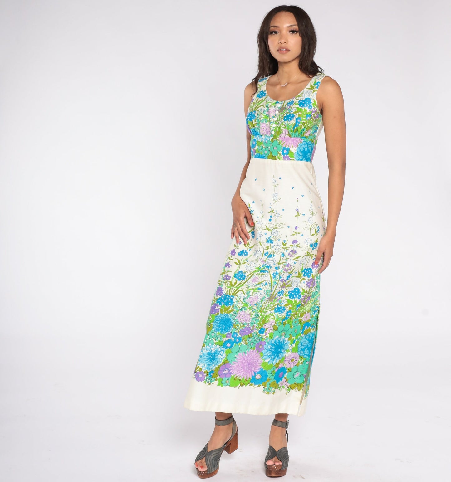 70s Floral Maxi Dress White Empire Waist Sleeveless Side Slit Extra Small