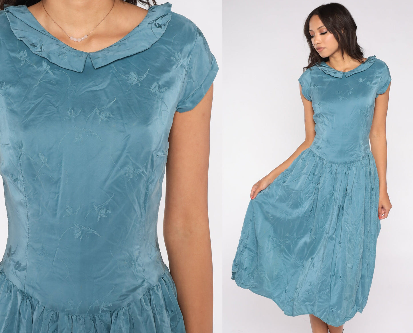 70s Blue Floral Mini Dress Silk Cap Sleeve Low Waist Peter Pan Collar Extra Small