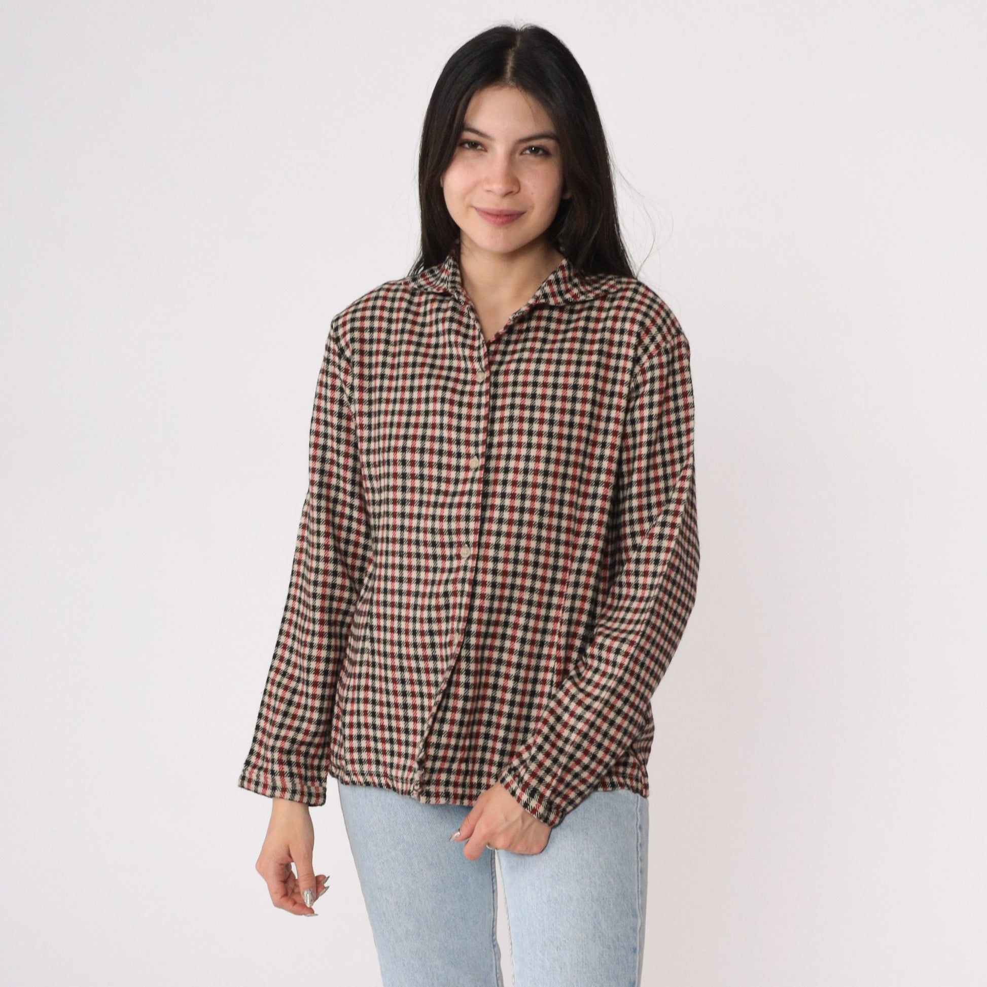 Givenchy Y2K Houndstooth Button-Up Blouse Red Black Cream Cotton Small S