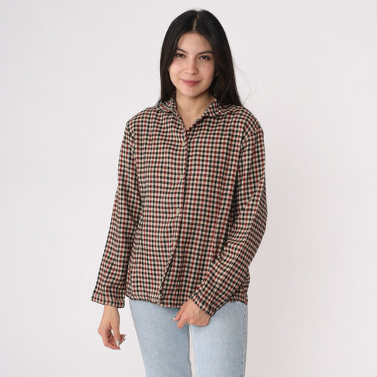 Givenchy Y2K Houndstooth Button-Up Blouse Red Black Cream Cotton Small S