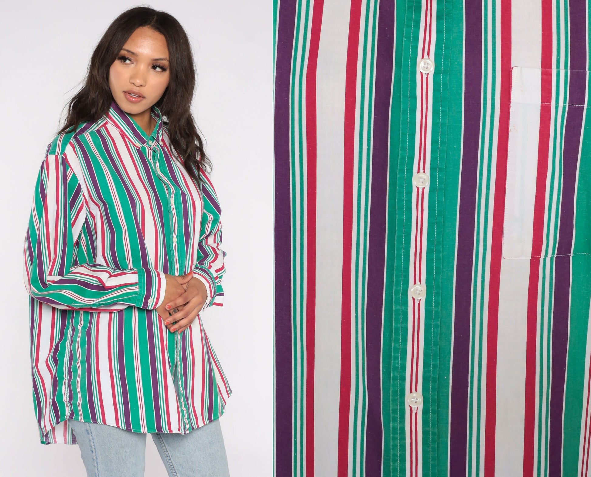 90s Sears Roebuck Striped Cotton Button-Up Shirt Green Purple Extra Large
