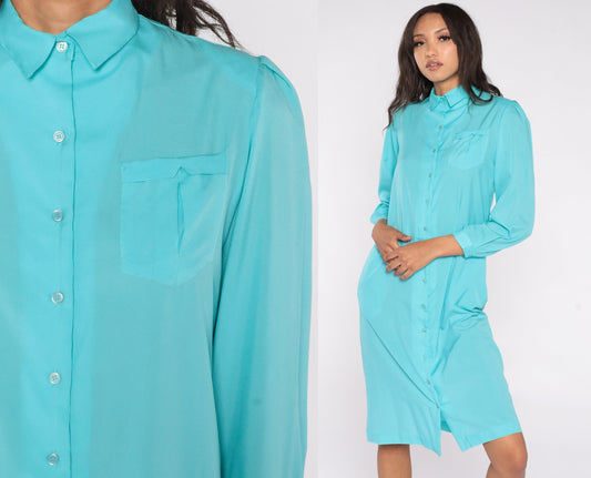 80s Spiegel Puff Sleeve Midi Shirtdress Turquoise Button-Up Medium 8