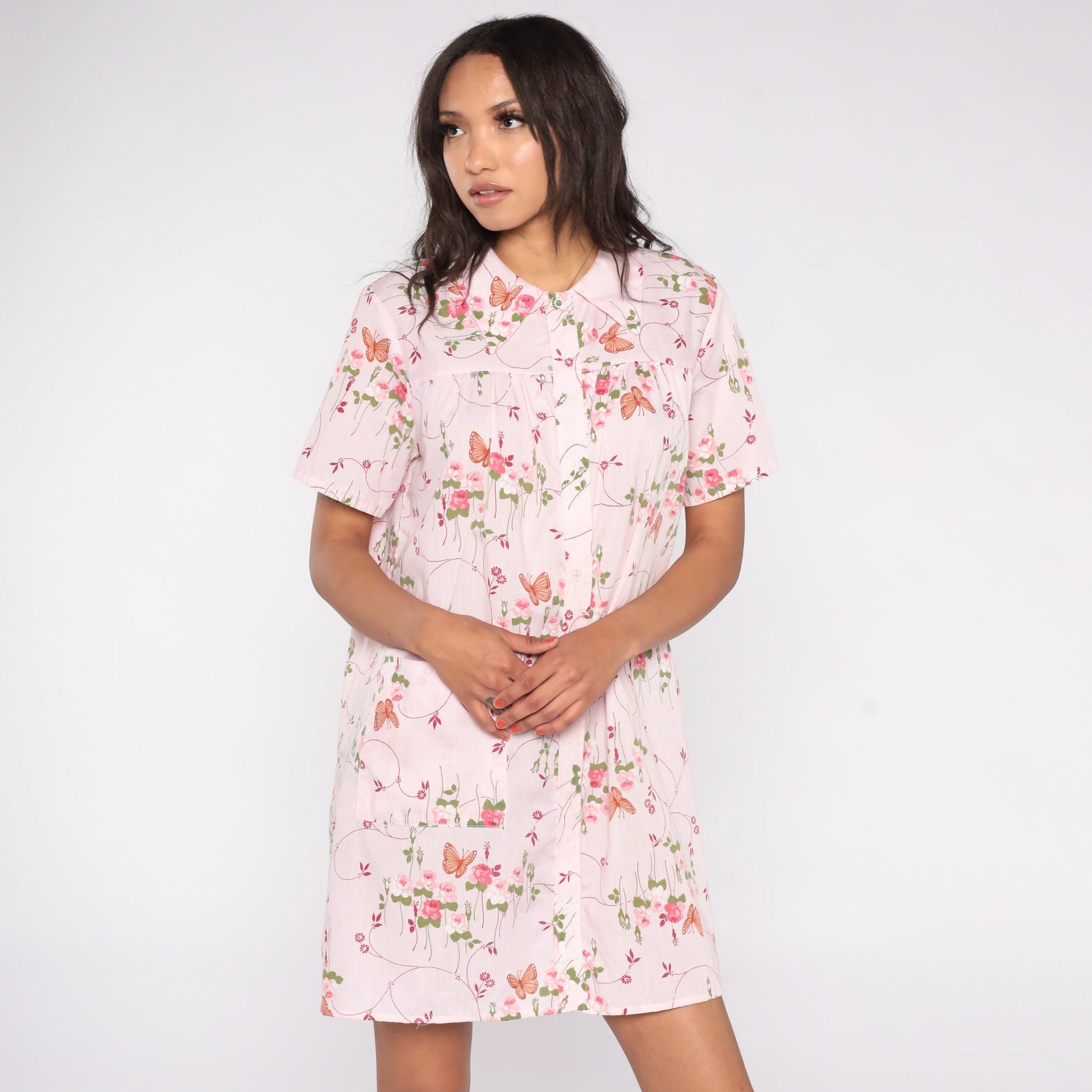 70s Baby Pink Butterfly Floral Mini Dress Snap Button Short Sleeve Medium Large