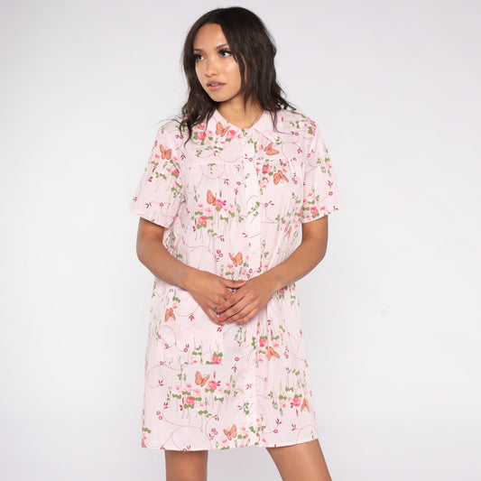 70s Baby Pink Butterfly Floral Mini Dress Snap Button Short Sleeve Medium Large