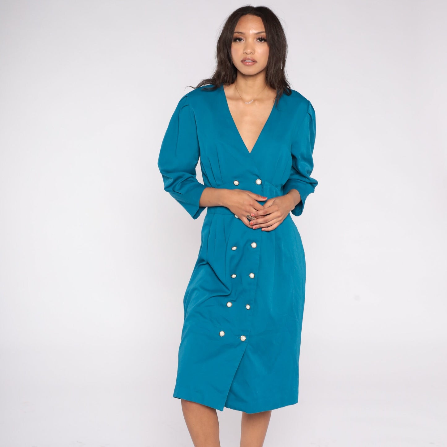 80s Stuart Alan Blue Midi Shift Dress Double Breasted Puff Sleeve Medium
