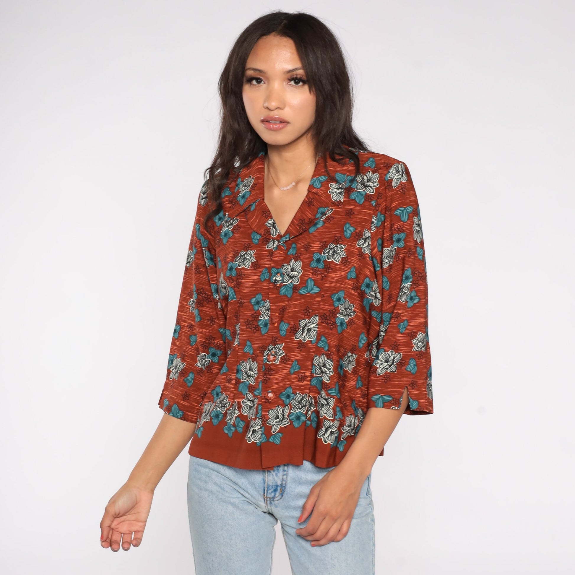 80s Floral Button-Up Blouse Brown Burnt Orange Flower Print 3/4 Sleeve Medium