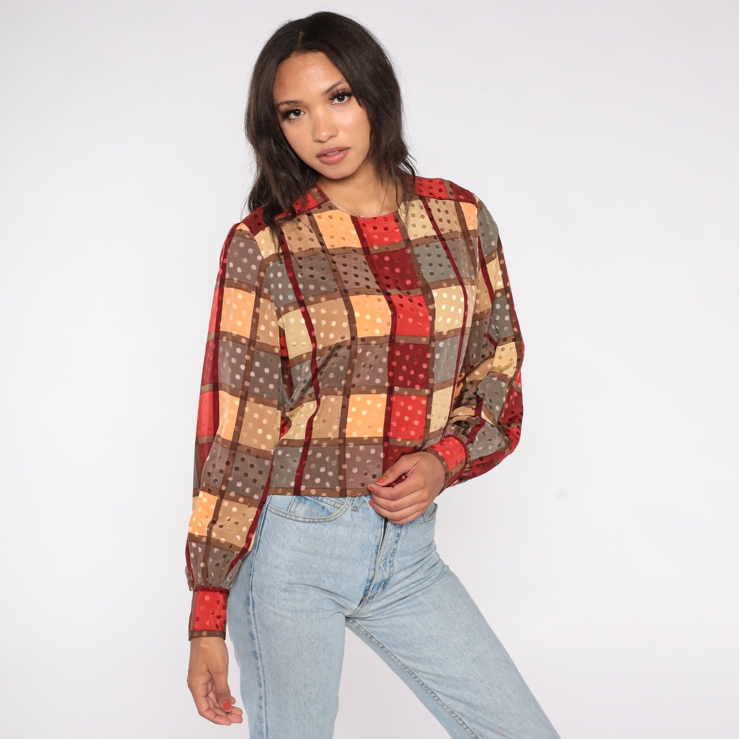 80s Checkered Hidden Button Blouse Long Sleeve Red Yellow Small S