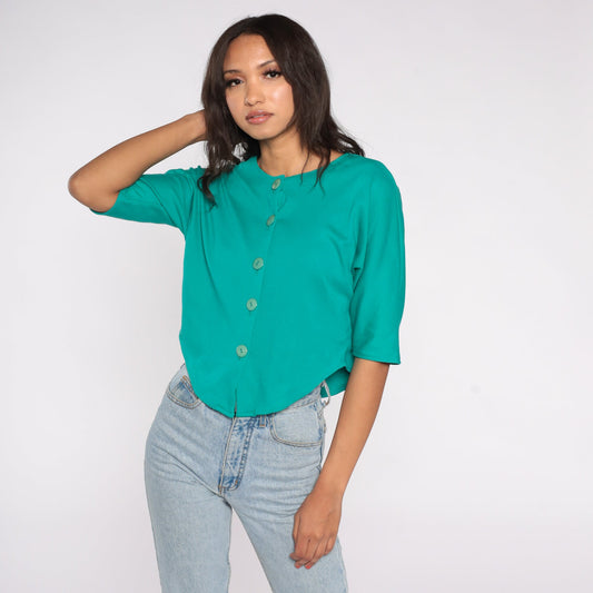 80s Teal Button-Up Crop Top Blouse Short Sleeve High Side Slit Medium Large
