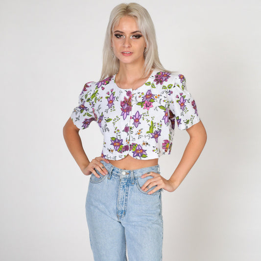 90s White Floral Crop Top Cotton Puff Sleeve Button Blouse Small