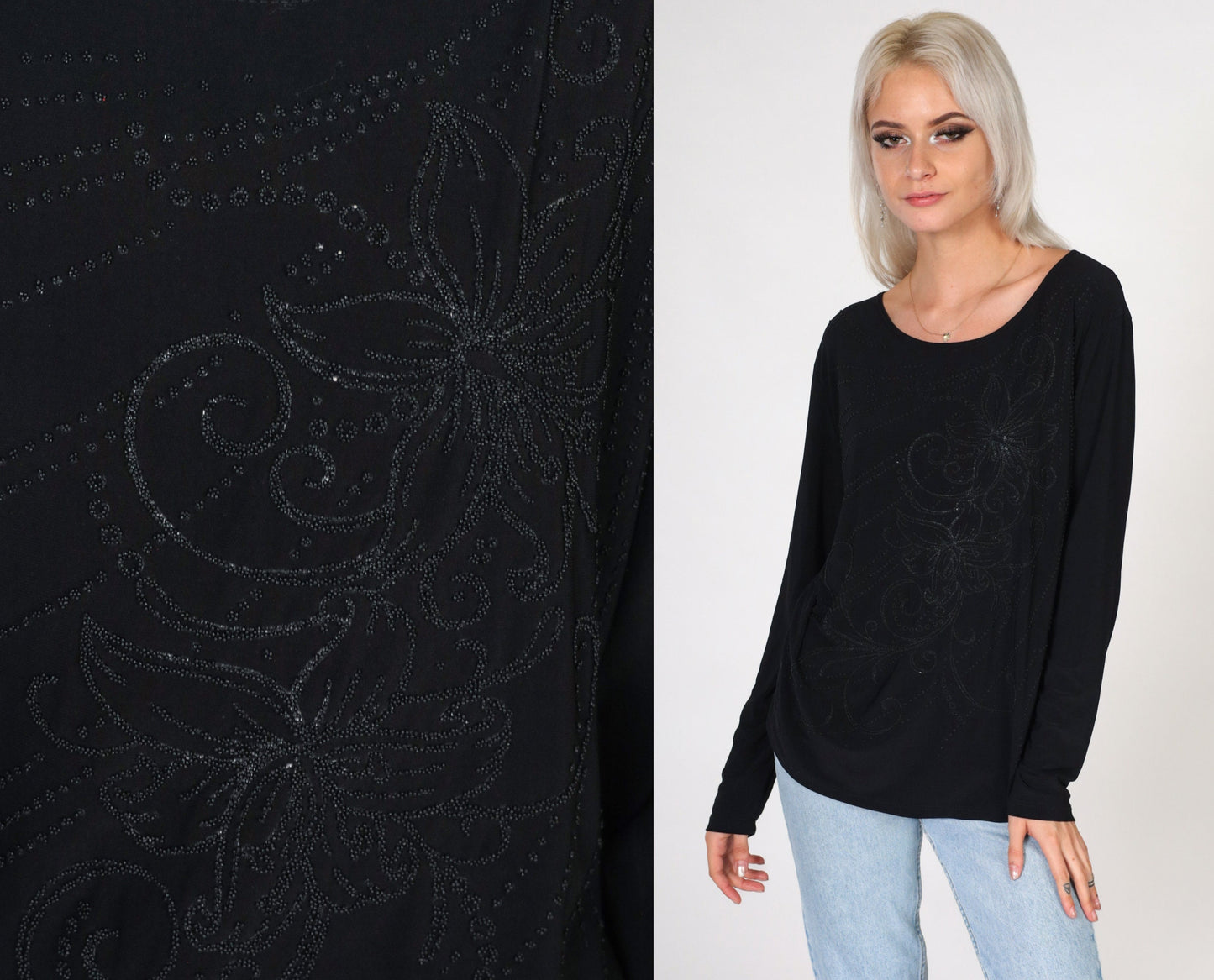 00s Black Floral Beaded Long Sleeve Blouse Y2K Sparkly Shirt Small S