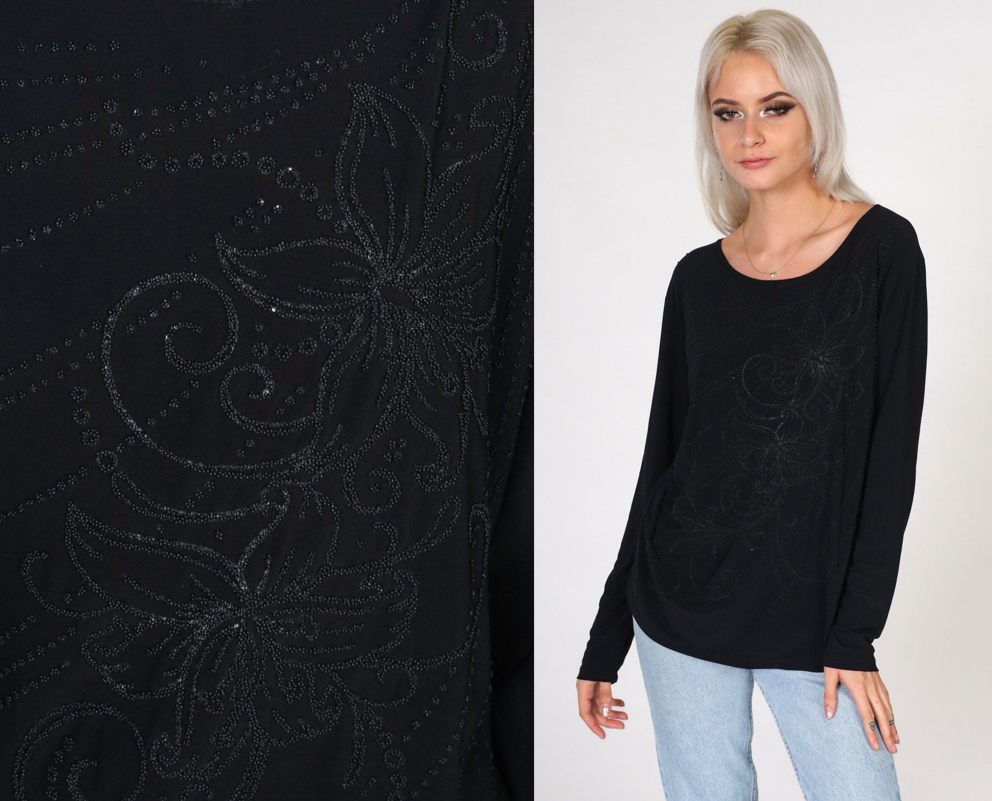 00s Black Floral Beaded Long Sleeve Blouse Y2K Sparkly Shirt Small S