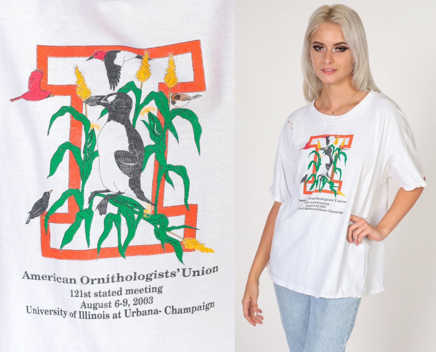 Y2K American Ornithologists' Union 2003 Illinois Bird Graphic Tee White Extra Large XL