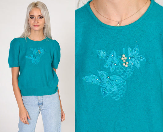 80s Teal Wool Sweater Top Puff Sleeve Beaded Floral Knit Small