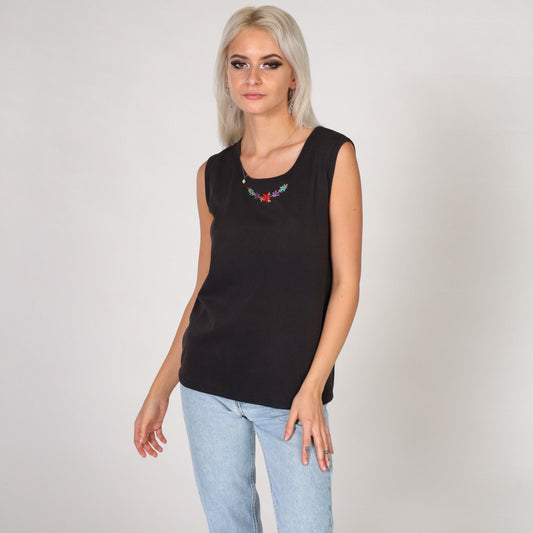 90s Black Floral Embroidered Tank Top Scoop Neck Sleeveless Medium