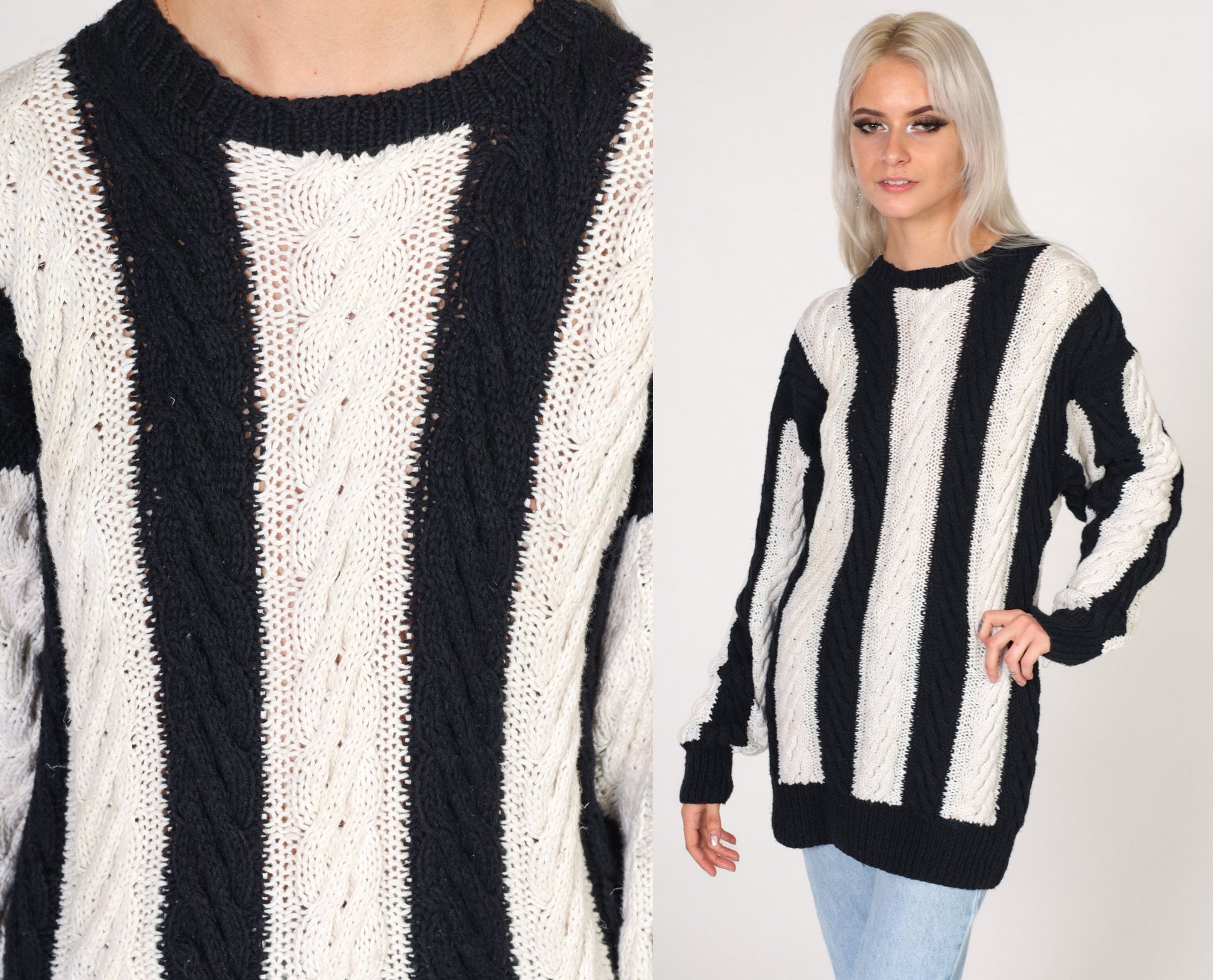 80s Black & White Striped Cable Knit Sweater Crewneck Pullover Medium Large