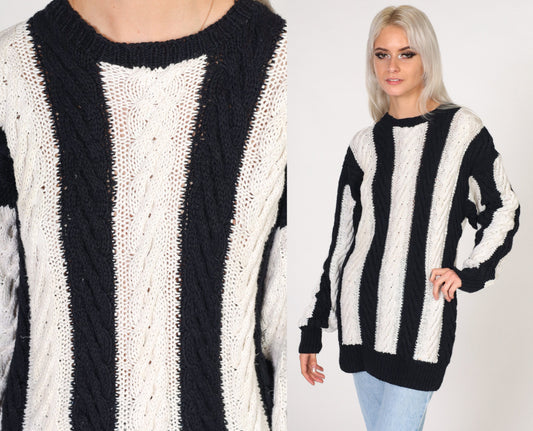 80s Black & White Striped Cable Knit Sweater Crewneck Pullover Medium Large