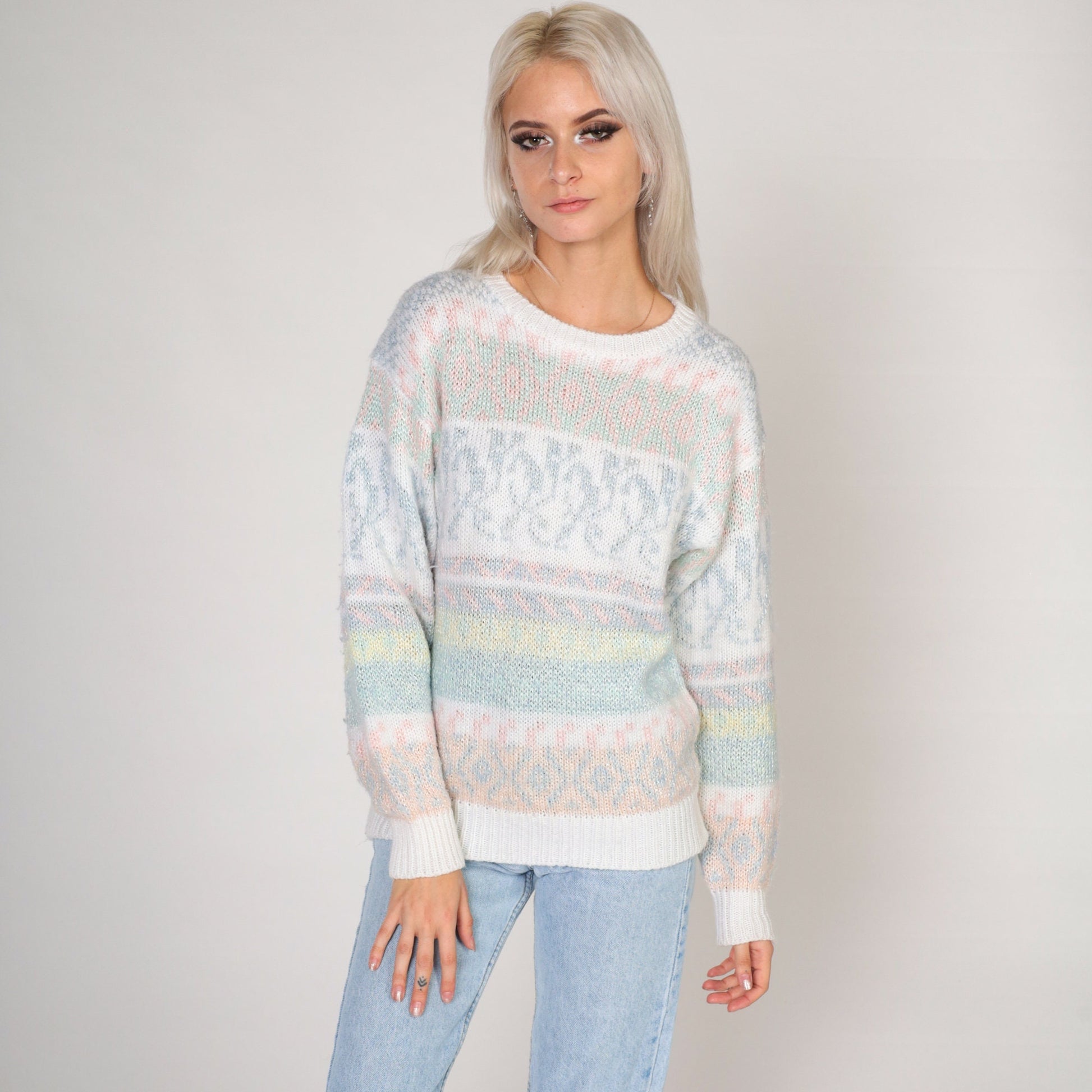 80s Helium Pastel Striped Abstract Knit Sweater White Crewneck Small
