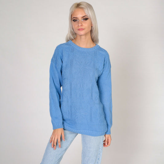 80s Cornflower Blue Floral Knit Crewneck Sweater Medium