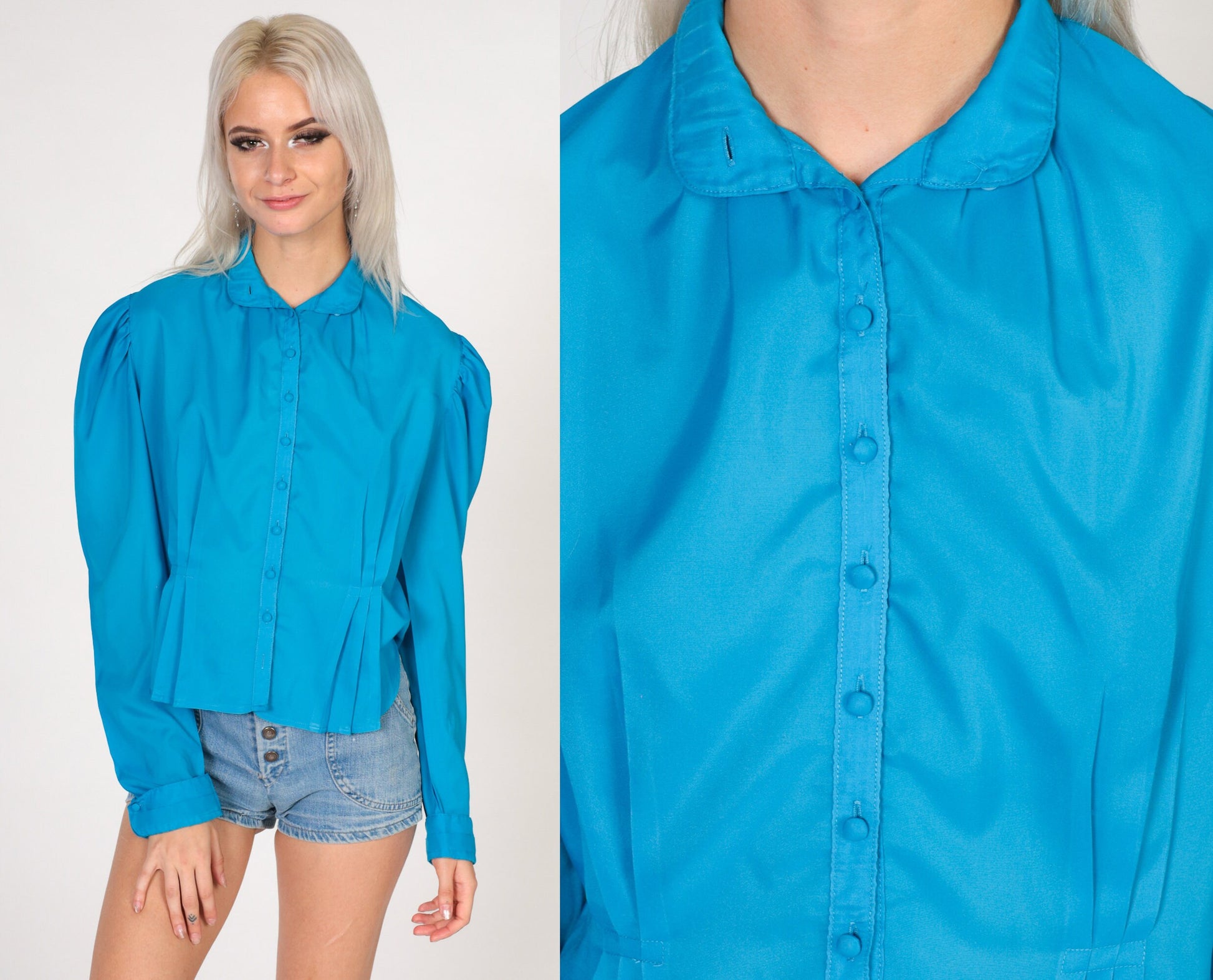 80s Blue Puff Sleeve Button-Up Blouse Peter Pan Collar Medium