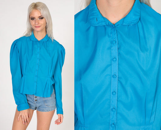 80s Blue Puff Sleeve Button-Up Blouse Peter Pan Collar Medium