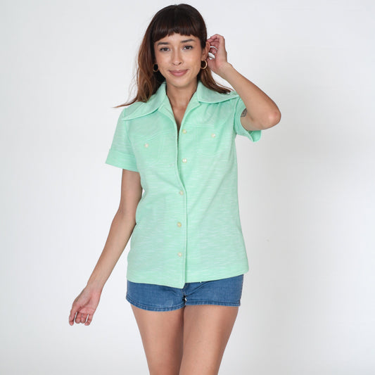 70s Mint Green Western Yoke Button-Up Shirt Dagger Collar Short Sleeve Small