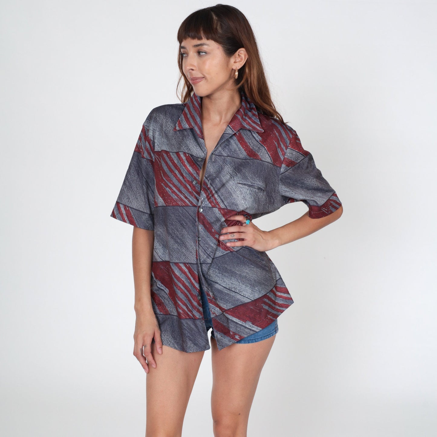 70s Navy Red Diagonal Stripe Button-Up Shirt Men's Large Short Sleeve