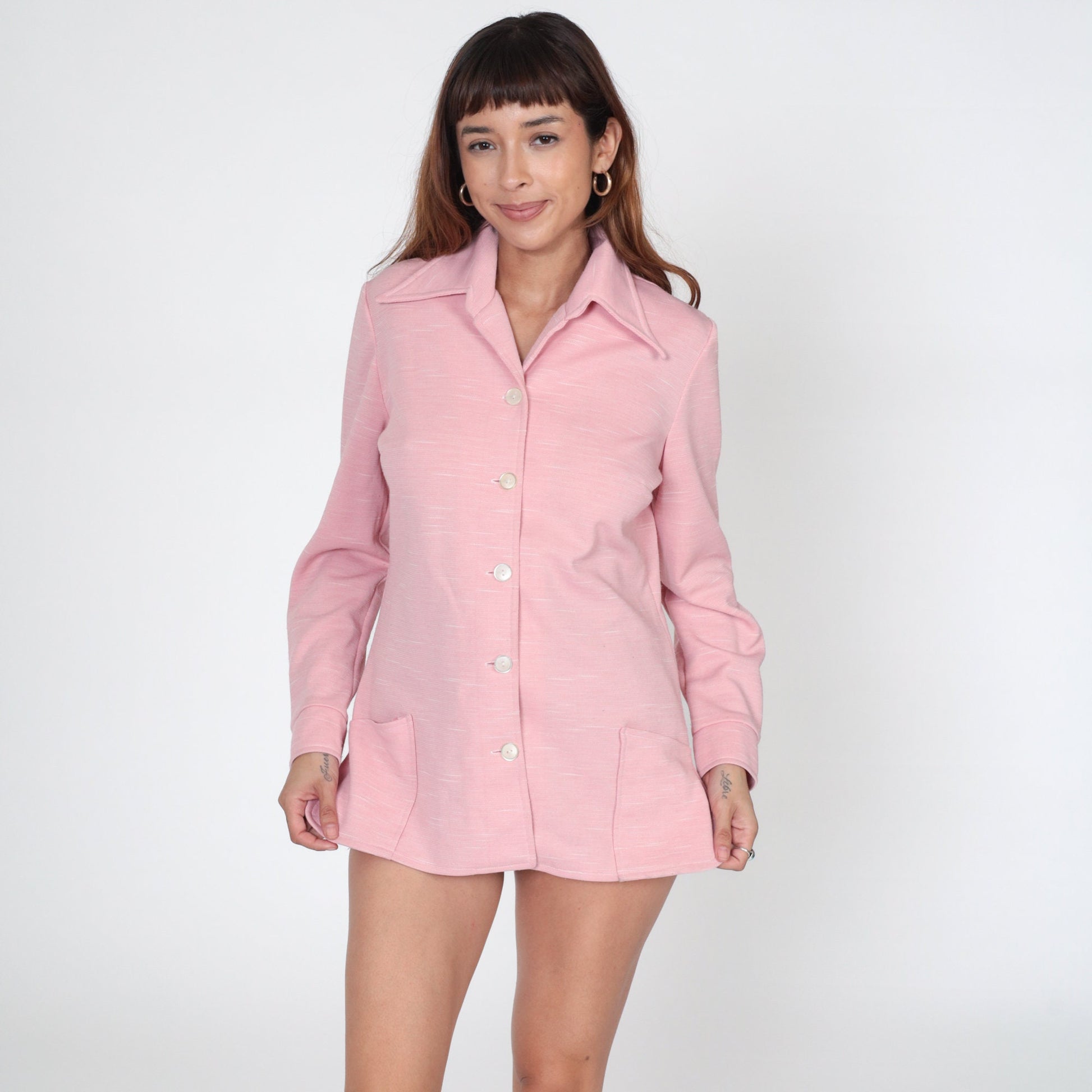70s Pink Dagger Collar Button-Up Blouse Long Sleeve Disco Shirt Medium
