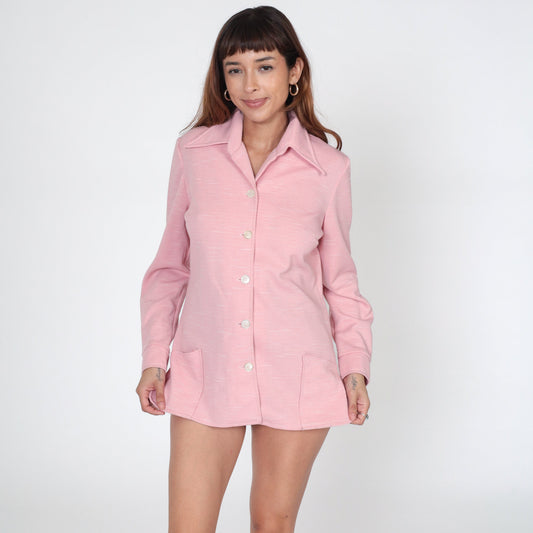 70s Pink Dagger Collar Button-Up Blouse Long Sleeve Disco Shirt Medium