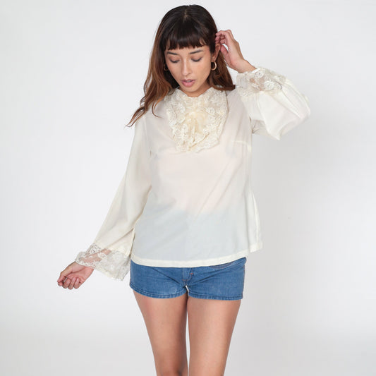 70s Off-White Lace Ruffle Tuxedo Blouse Button Back Long Sleeve Small