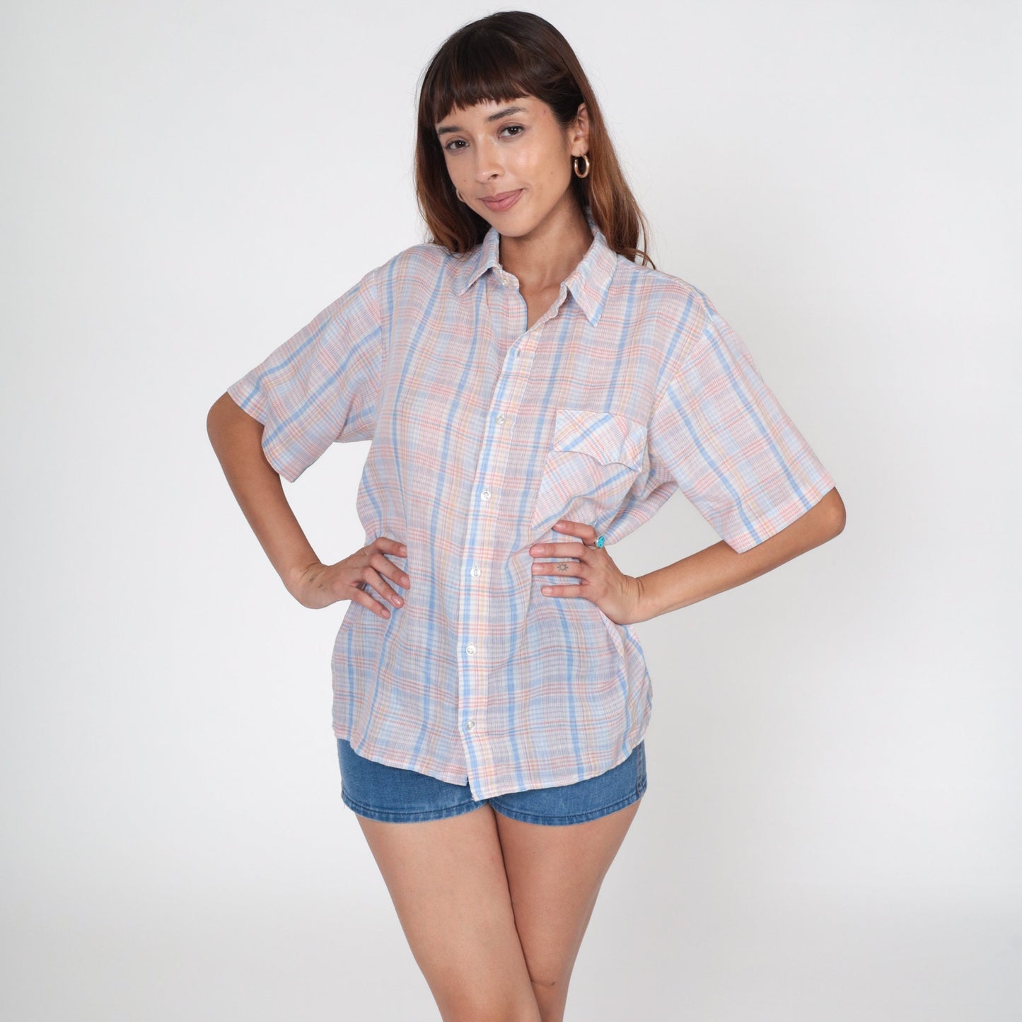 80s Plaid Button-Up Shirt Pink White Blue Checkered Short Sleeve Men's Medium