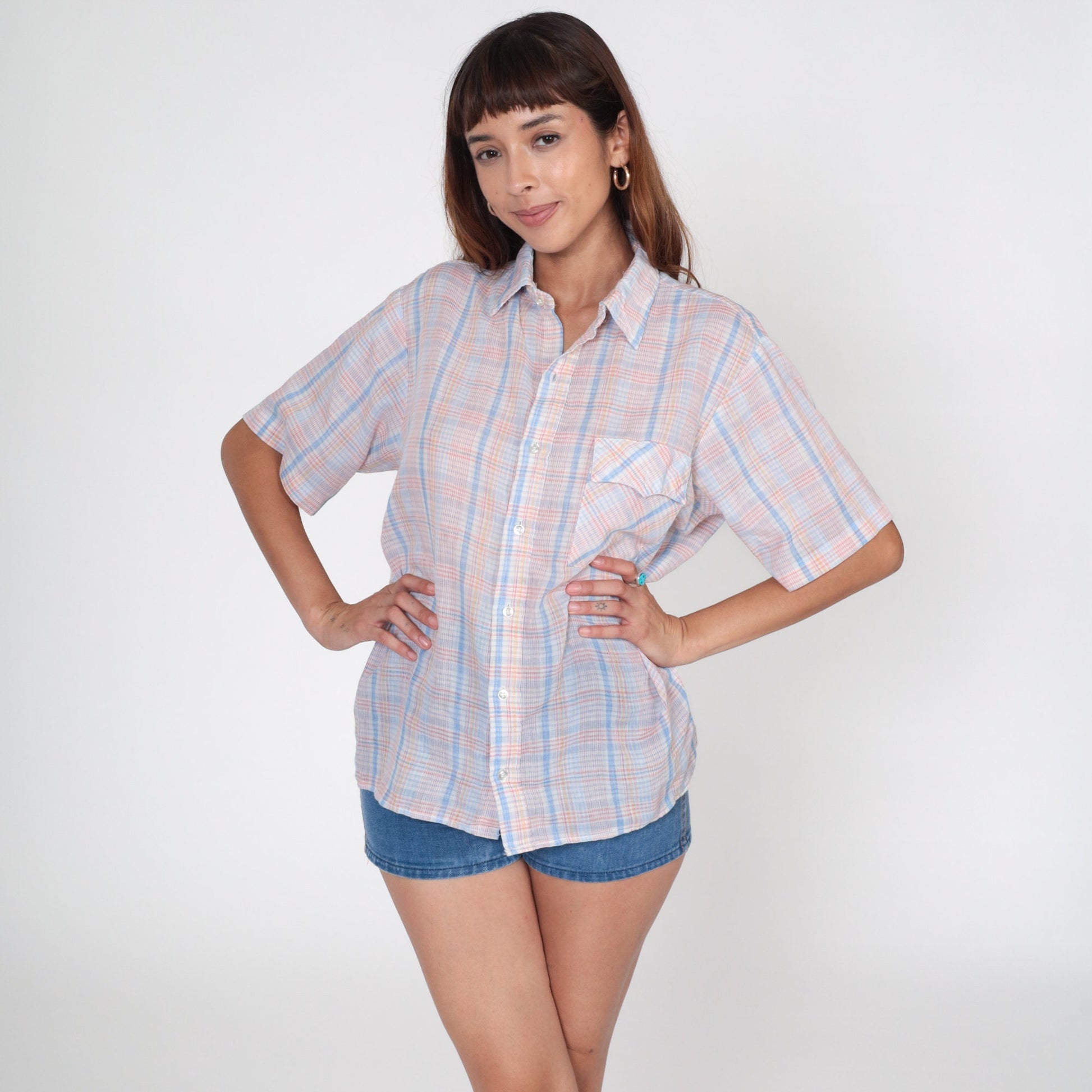 80s Plaid Button-Up Shirt Pink White Blue Checkered Short Sleeve Men's Medium