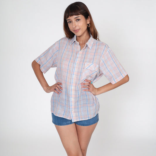 80s Plaid Button-Up Shirt Pink White Blue Checkered Short Sleeve Men's Medium