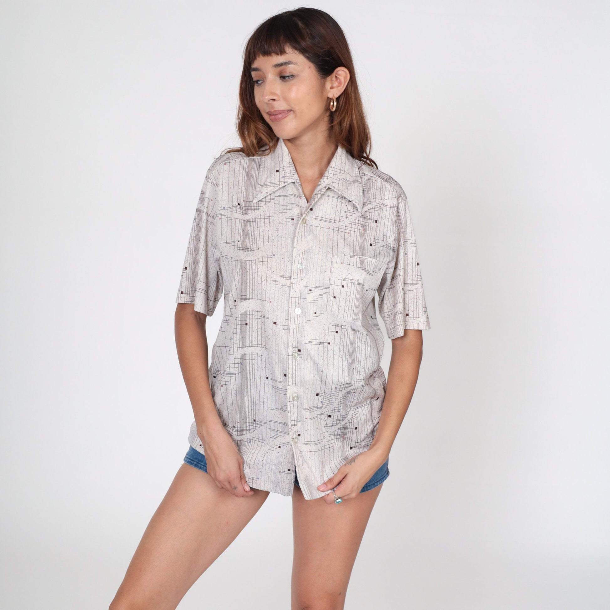 70s Mister California Striped Button Up Shirt White Brown Pointed Collar Medium