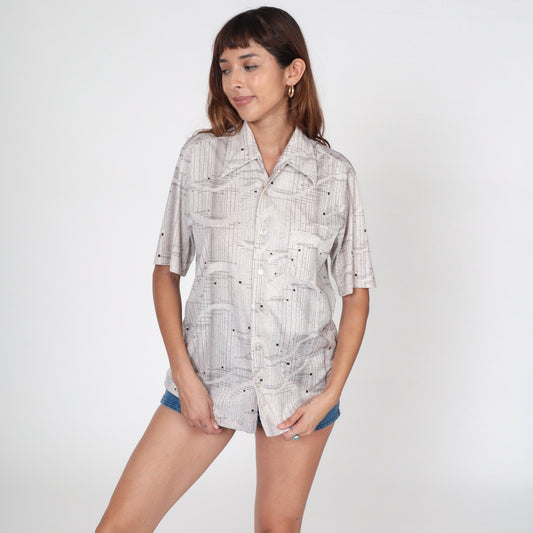 70s Mister California Striped Button Up Shirt White Brown Pointed Collar Medium