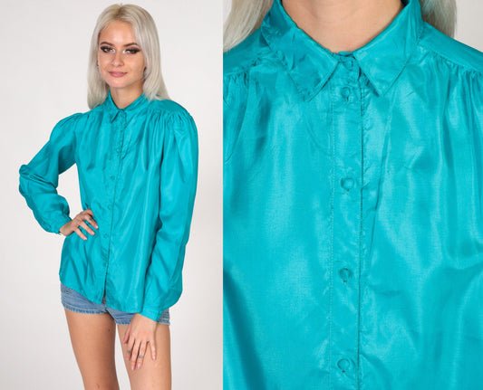 80s Turquoise Puff Sleeve Blouse Button-Up Pleated Chest Shiny Small