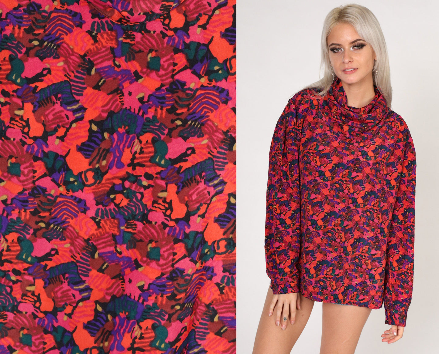 80s Abstract Print Cowl Neck Blouse Long Sleeve Purple Pink Orange Large L